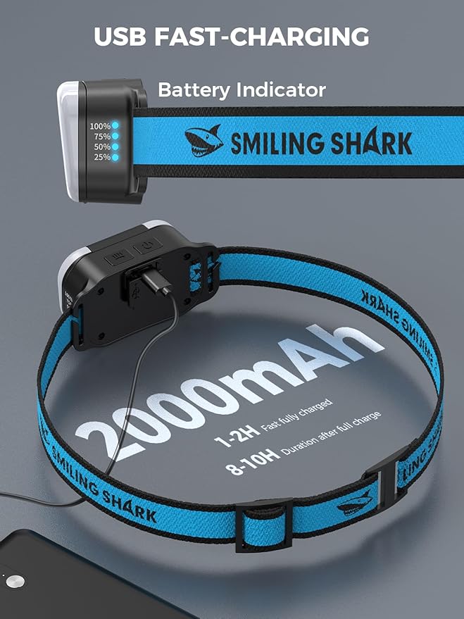 Smiling Shark Headlamp Rechargeable, TD-0151 LED Head Lamp Rechargeable Flip-top Design with White & Warm & Red Floodlight and Spotlight Waterproof for Adults Child Camping Hiking Running Repairing