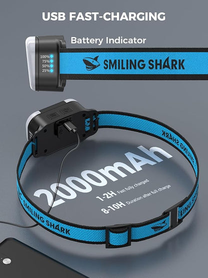 Smiling Shark Headlamp Rechargeable, TD-0151 LED Head Lamp Rechargeable Flip-top Design with White & Warm & Red Floodlight and Spotlight Waterproof for Adults Child Camping Hiking Running Repairing