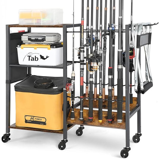 Olakee Fishing Rod Holder, Fishing Pole Holders for Garage Boat Home Entryway Fishing Gear Storage with Tackle Cart Ideal Gift for Men Dad Anglers Corner Design for Rods and Equipment Organizers