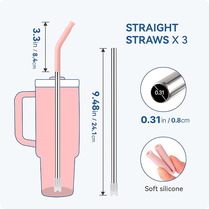 Reusable Metal Straws with Silicone Tip for Stanley 30oz,Stainless Steel Drinking Straws for 30oz Tumbler,3 Straight Tubes & 6 Tips& 1 Cleanr Brush (Bright Lime)