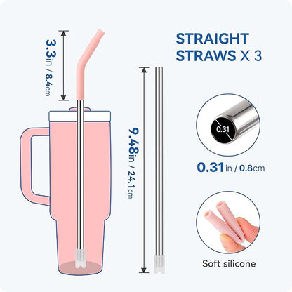 Reusable Metal Straws with Silicone Tip for Stanley 30oz,Stainless Steel Drinking Straws for 30oz Tumbler,3 Straight Tubes & 6 Tips& 1 Cleanr Brush (Transparent)