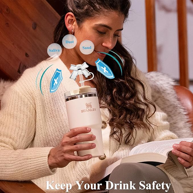 Epoxy Bow Straw Toppers for Stanley Cups -4PCs Cute Straw Cover Caps Silicone Stanley Cup Accessories Compatible with 12 20 30 40 Oz Tumblers in Pink Black White Yellow with Storage Case