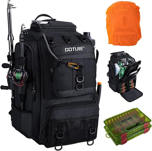Goture 40L Fishing Tackle Backpack with Cooler and 2 3600 fishing tackle trays, 900D Water-Resistant Tackle Backpack with Removable Bait Binder, 2 Rod Holders and Rain Cover, Black fishing bag