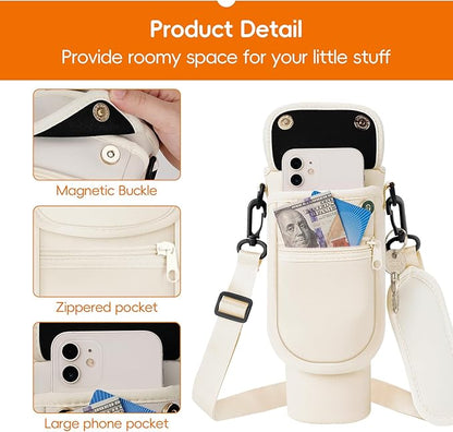 Water Bottle Carrier Bag with Phone Pocket for Stanley 40/30 oz Tumbler Neoprene Insulated Mug Sleeve Pouch with 2 Pockets & Adjustable Strap & Straw Cover for Stanley Cup Accessories