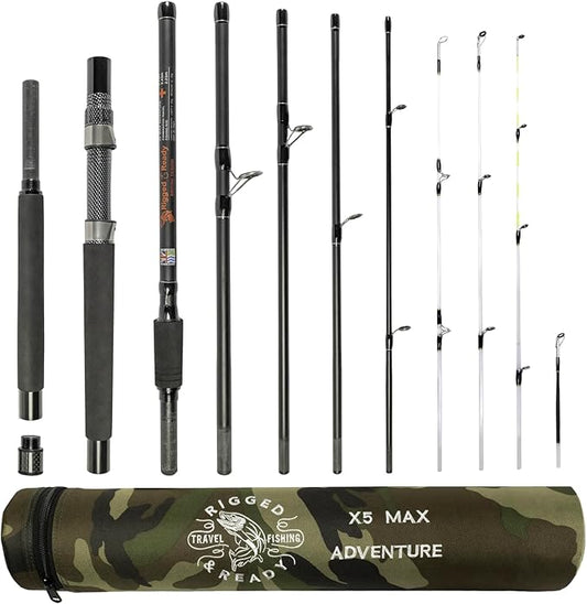 Rigged & Ready X Series Travel Fishing Rods. 6 Super Compact, Multi-Functional, Portable, Spin, Bass, Carp, Lure, Float, Fly Combos + Poles. 4 or 6 Tips & 5 to 25 Techniques Freshwater & Saltwater