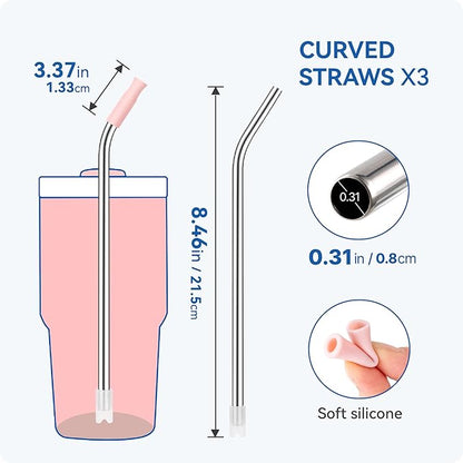 Reusable Metal Straws with Silicone Tip for Stanley 20oz,Stainless Steel Drinking Straws for 20oz Tumbler,3 Bent Tubes & 6 Tips& 1 Cleanr Brush(White)