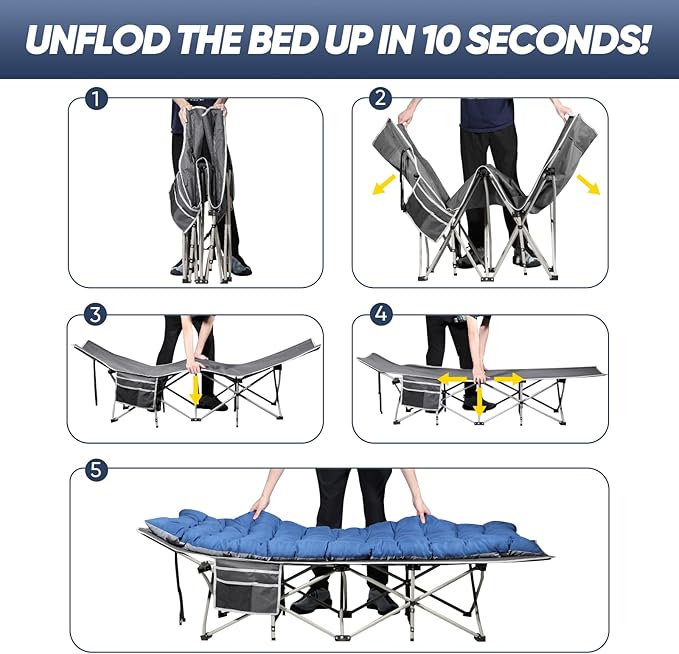 HAITRAL Portable Camping Cot with Mattress - Outdoor Folding Heavy Duty Sleeping Bed with Side Pocket for Adults - Oxford Single Lounge Chaise for Camping Tent Beach Office Max Load 300 LBS (Grey)