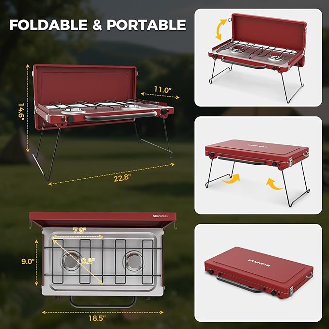CAMPLUX Safari 2 Burner Propane Camping Stove 20,000 BTU, Portable 2 Burner Propane Camping Grill Stove with Foldable Legs, Push-Button Ignition, CSA Certified Regulator & Hose for Outdoor Cooking