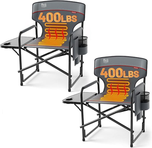 TIMBER RIDGE Heated Aluminum Oversized Camping Chair, Lightweight Portable Directors Chair with Side Table Detachable Side Pocket for Outdoor Camping, Lawn, Picnic, Support 400lbs Gray, 2 Pack