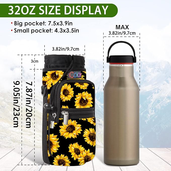 icolor Water Bottle Carrier Bag with Strap 25/32/40 oz Crossbody Bottle Holder with Phone Pocket Sling Sleeve Insulated Neoprene Water Bottle Pouch for Walking Travelling