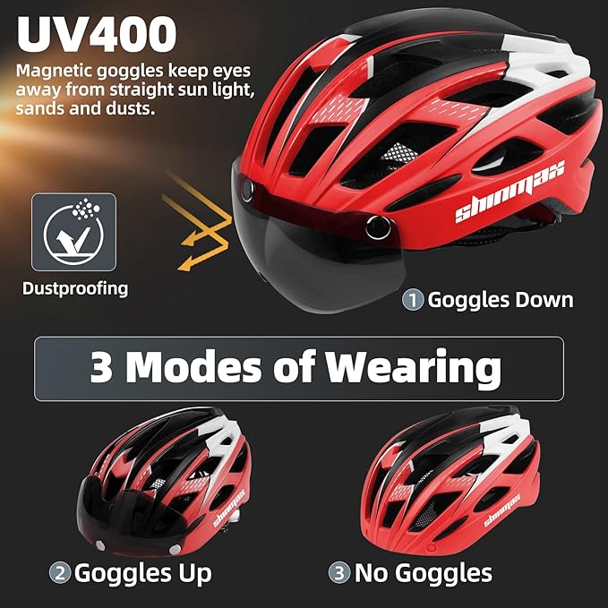 Shinmax Bike Helmet, CPSC/CPC Bike Helmet for Adult Men Women with Magnetic Goggles&Led Back Light Cycling Helmet Adjustable SM-T69