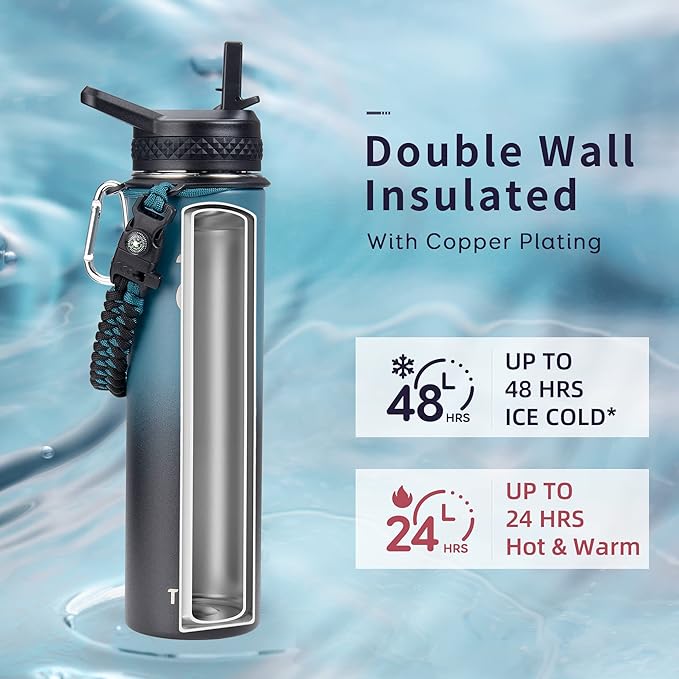 Trebo 24 oz Water Bottle Insulated with Lid and Straw,Double Wall Vacuum Stainless Steel Metal Tumbler Sports Flask with Paracord Handle, Keep Cold 48 Hours Water Cup with 3 Lids, Indigo/Black