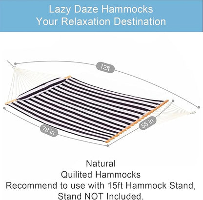 Lazy Daze Hammocks 12FT Quilted Fabric Double Hammock with Spreader Bars and Detachable Pillow, 2-Person for Outside Patio Poolside Backyard Beach, 450 lbs Capacity, Black White