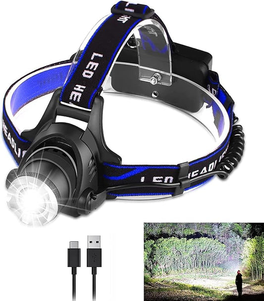 LED Headlamp USB Rechargeable, Head Lamp Super Bright 1000 High Lumen with 3 Modes, Zoomable, Waterproof Headlight for Camping Hunting Running Fishing Biking