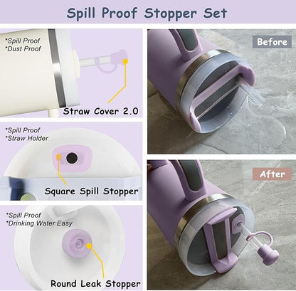 Stanley Cup Accessories Set for 40oz & 30oz Tumblers - Handle Strap, Spill-Proof Stopper, Silicone Straw Cover, Boot Base Protector, Keychain & Handle Charms(Purple)