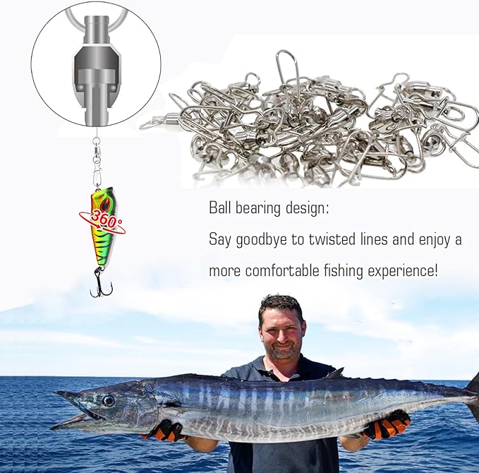 AMYSPORTS Duo Lock Snap Fishing Swivels Stainless Barrel Swivels Fishing Lure Snap Swivels Ball Bearing Swivels Fishing Tackle for Saltwater Fishing Freshwater Fishing