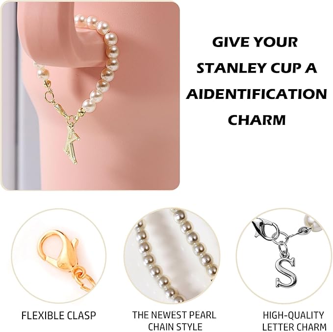 4pcs Charms for Stanley Cup，Pearl Chain Accessories Stanley Cup Initial Letter Charms for Handle with 2pcs straw covers Stuff Decor Water Bottle Jewelry Tumbler Personalized Decorations ID Q