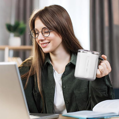 Ideus 16 oz Coffee Cup, Stainless Steel Coffee Travel Mug, Spill Proof Tea Mug with Handle and Lid, Lightweight and Durable, Great for Office Home and Outdoor Use, Snow White-FUJI FLOW