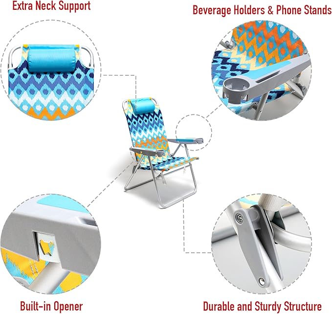 SUNNYFEEL Extra Wide 28" Folding Beach Chair 5 Position Lay Flat, Portable 17" Tall Camping Chair with Cup Holder for Outdoor/Lawn/Trip/Picnic, Lightweight Foldable Sand Chairs for Adults (Wave)