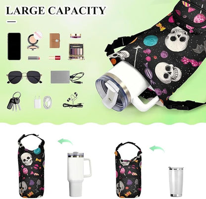Halloween Skulls Lollipops Bats Water Bottle Holder with Strap Insulated Water Bottle Carrier Crossbody Bags Pouch with Phone Pocket for Travel Gym Hiking Walking Running