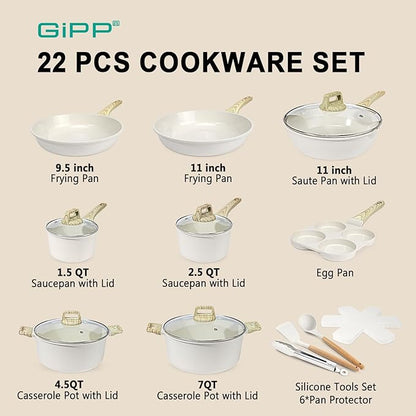 22 Piece Ceramic Non Stick Pots and Pans Set - Nonstick Cookware Set, Non-toxic Healthy Kitchen Cooking Set w/Frying Pans Set, Dishwasher Safe, PFAS PTFE PFOA PFOS Free