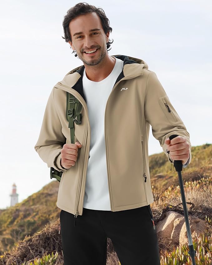 WULFUL Men's Lightweight Softshell Jacket Warm Fleece Lined Windbreaker Waterproof Soft Shell for Outdoor Hiking