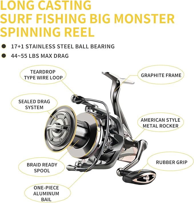 HAUT TON Spinning Reel 8000/9000/10000/12000/14000,6+1BB Metal Surf Fishing Reels,4.8:1 Gear Ratio 55lbs Drag Heavy Long Casting Inshore Saltwater Monster Fish