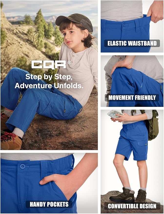 CQR Kids Youth Hiking Cargo Pants, UPF 50+ Quick Dry Convertible Zip Off Pants, Outdoor Camping Pants