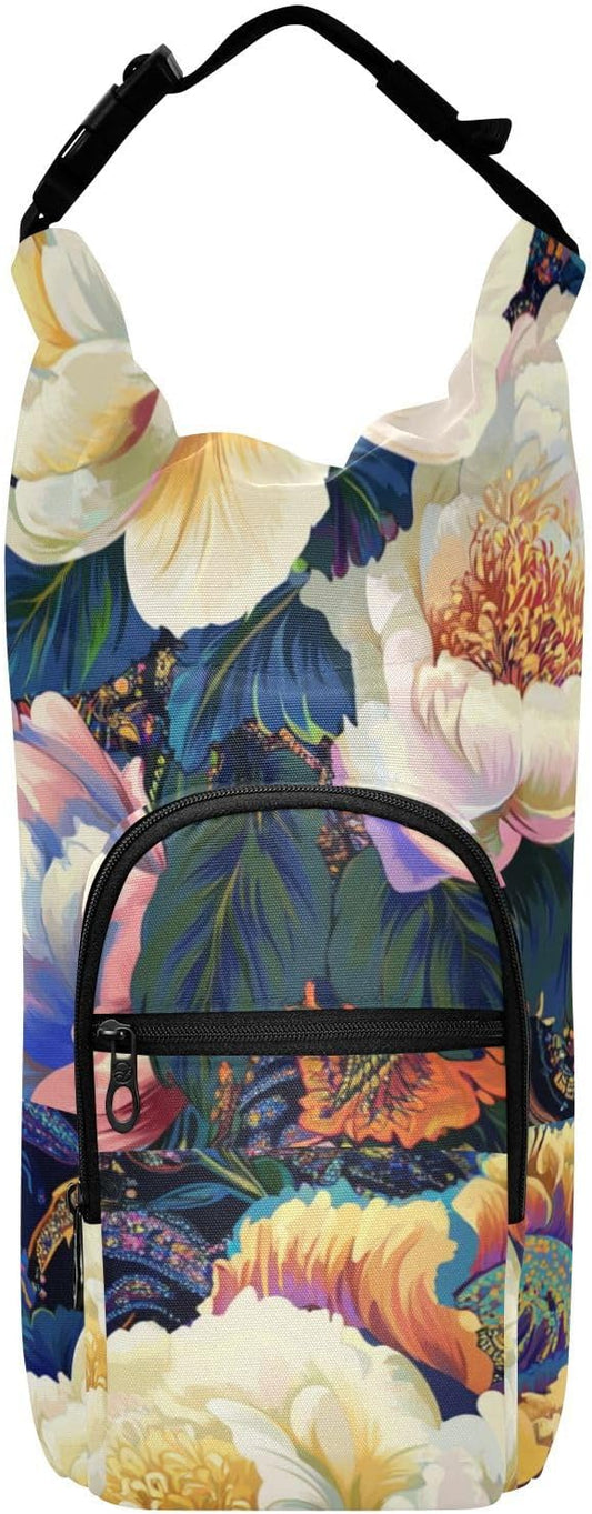 Peony Flowers Paisley Colorful Water Bottle Holder with Strap Insulated Water Bottle Carrier Crossbody Bags Pouch with Phone Pocket for Travel Gym Hiking Walking Running