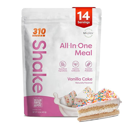 310 Nutrition All-In-One Meal Replacement Shake Powder - Plant-Based Protein Smoothie Blend w/High Fiber, Probiotics & Adaptogens - Low Carb, Vegan, Keto & Paleo Friendly - Vanilla Cake - 14 Srv