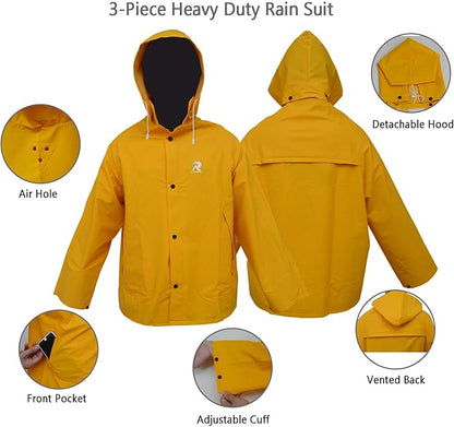 RainRider Rain Suit for Men Women Leathercraft Rain Gear Heavy Duty 3-Piece Commercial Rain Jacket with Bib Pants Overall