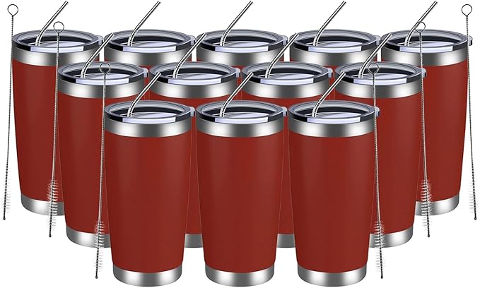 MEWAY 20oz Tumbler 12 Pack Double Wall Vacuum Insulated Travel Mug Bulk, Stainless Steel Tumblers with Lid and Straw, Powder Coated Coffee Cups for Cold & Hot Drinks (Red, Set of 12)