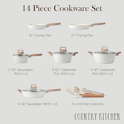 Country Kitchen Pots and Pans Set Nonstick, Cast Aluminum Kitchen Cookware Set with Utensils, 14 Pcs Non Stick Cooking Set w/Frying Pans & Saucepans, Cream