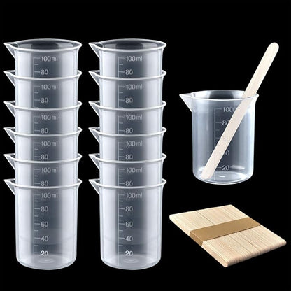 Coopay 12 Pack 100ml/3.4oz Plastic Beakers Epoxy Mixing Cups, Plastic Graduated Cups Clear Multipurpose Measuring Cups with 50 Pack Wooden Stirring Sticks for Resin, Epoxy, Stain, Mixing Paint