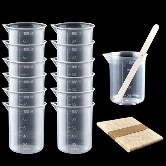 Coopay 12 Pack 100ml/3.4oz Plastic Beakers Epoxy Mixing Cups, Plastic Graduated Cups Clear Multipurpose Measuring Cups with 50 Pack Wooden Stirring Sticks for Resin, Epoxy, Stain, Mixing Paint