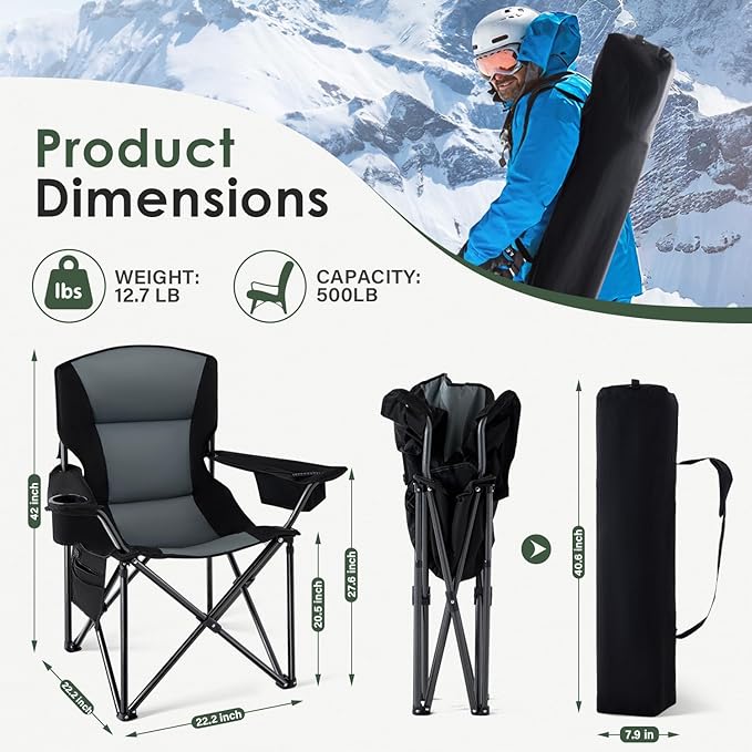 Homcosan Heated Camping Chair for Adults, Portable Outdoor Chairs with 3 Heat Levels, Oversized Foldable Lawn Chairs Without Power Bank, Perfect for Camping, Outdoor Sports, Picnics, Fishing (Grey)