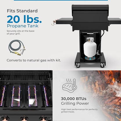 Kenmore 3-Burner Gas Grill | Foldable Side Tables, Cast Iron Cooking Grates, Warming Rack, Hooks for BBQ Grilling Tools, Propane Gas Barbecue Grill, 30,000 BTUs, Black with Copper Accent