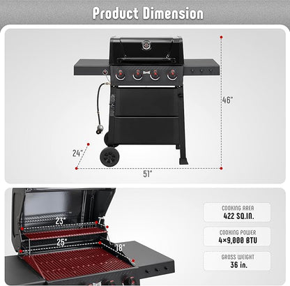 4 Burner Gas Grill, Outdoor BBQ Grill with Side Table for Patio & Backyard Barbecue, Enameled Coated Chamber Body with Porcelain-Enameled Grates, Grilll Cover Included, 36,000 BTU, Black