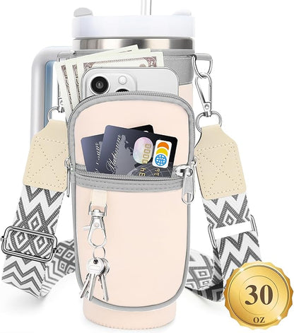 Water Bottle Carrier Bag with Strap for Stanley 40/30 oz Tumbler with Handle, Water Bottle Holder Pouch with Phone Pocket for Stanley Cup Accessories, fit Walking Hiking Travel