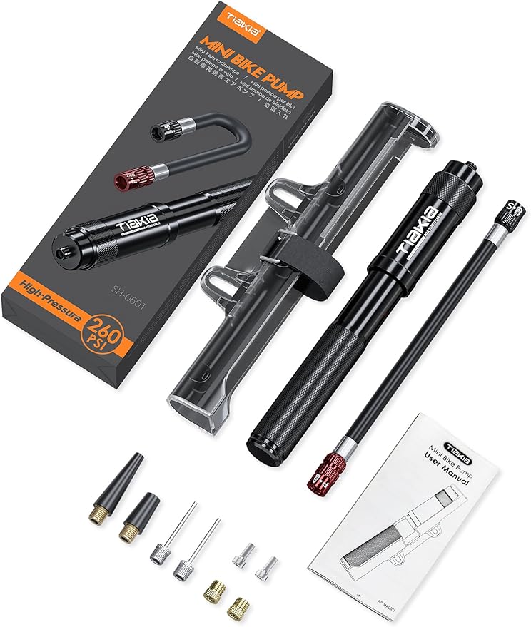 Tiakia Mini Bike Pump, Portable Bicycle Pump with Bracket, 260PSI High Pressure Frame Pump Air Hand Pump Fit Presta, Schrader & Woods Valves, Aluminum Alloy Tire Pump for Road/Mountain Bikes, Balls