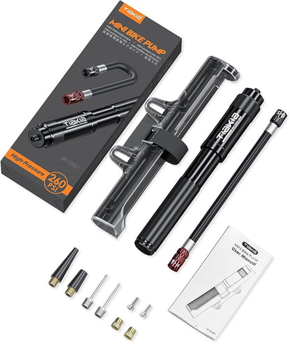 Tiakia Mini Bike Pump, Portable Bicycle Pump with Bracket, 260PSI High Pressure Frame Pump Air Hand Pump Fit Presta, Schrader & Woods Valves, Aluminum Alloy Tire Pump for Road/Mountain Bikes, Balls