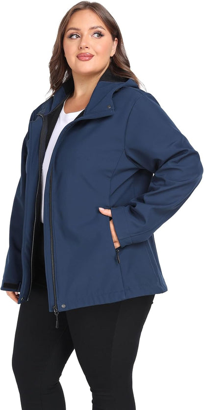 wantdo Women's Plus Size Softshell Jackets Hooded Warm Fleece Lined Windbreaker