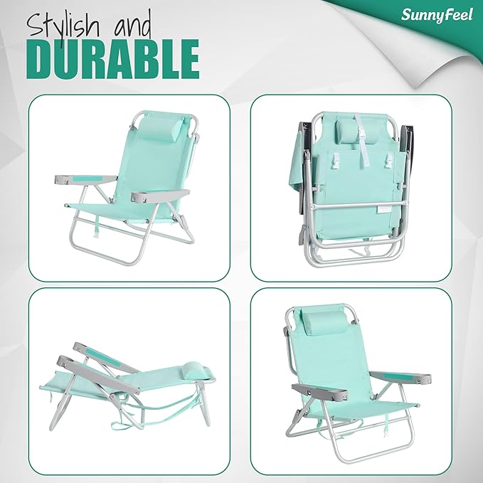 SUNNYFEEL Extra Wide Low Beach Chair 2 Pack 5 Position Lay, XL Oversized Portable Folding Camping Chairs with Cup Holder for Outdoor/Sand, Foldable Backpack Beach Chair for Adults Heavy Duty 500 LBS