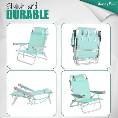 SUNNYFEEL Extra Wide Low Beach Chair 2 Pack 5 Position Lay, XL Oversized Portable Folding Camping Chairs with Cup Holder for Outdoor/Sand, Foldable Backpack Beach Chair for Adults Heavy Duty 500 LBS