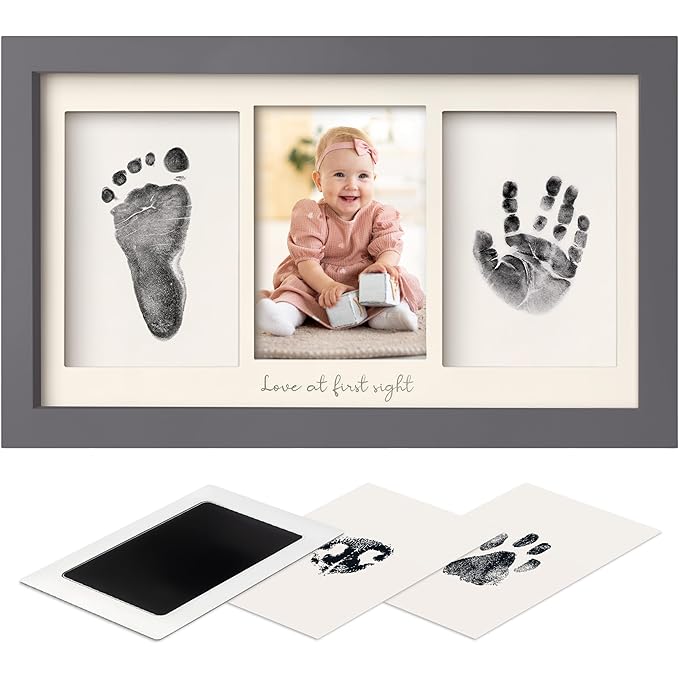 Inkless Baby Hand and Footprint Kit Boy, Girl - No Mess Ink Pad for Handprint, Clean Touch Dog Paw Print Kit, Personalized Baby Shower Gifts, Nursery Newborn Keepsake Frame (Gunmetal Gray)
