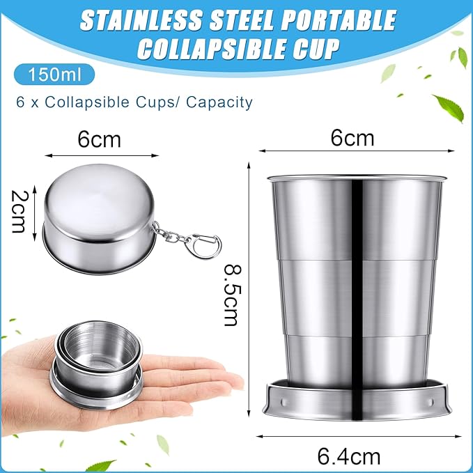 Tessco 6 Pieces Collapsible Shot Glasses Stainless Steel Collapsible Cup Reusable Portable Travel Folding Cup with Lid and Keychain for Camping Hiking Cycling(5 oz)