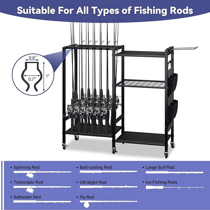TC-HOMENY 16-Rod Fishing Rod Holder for Garage, Fishing Pole Rack Cart Fit All Fishing Rods, 3 Tier Fishing Tackle Storage Organizer Rack with Storage Bag, For Living Room