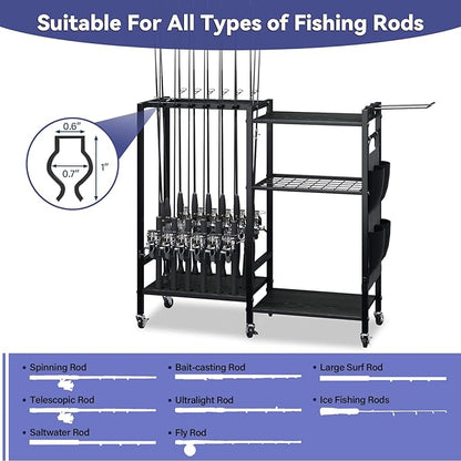 TC-HOMENY 16-Rod Fishing Rod Holder for Garage, Fishing Pole Rack Cart Fit All Fishing Rods, 3 Tier Fishing Tackle Storage Organizer Rack with Storage Bag, For Living Room