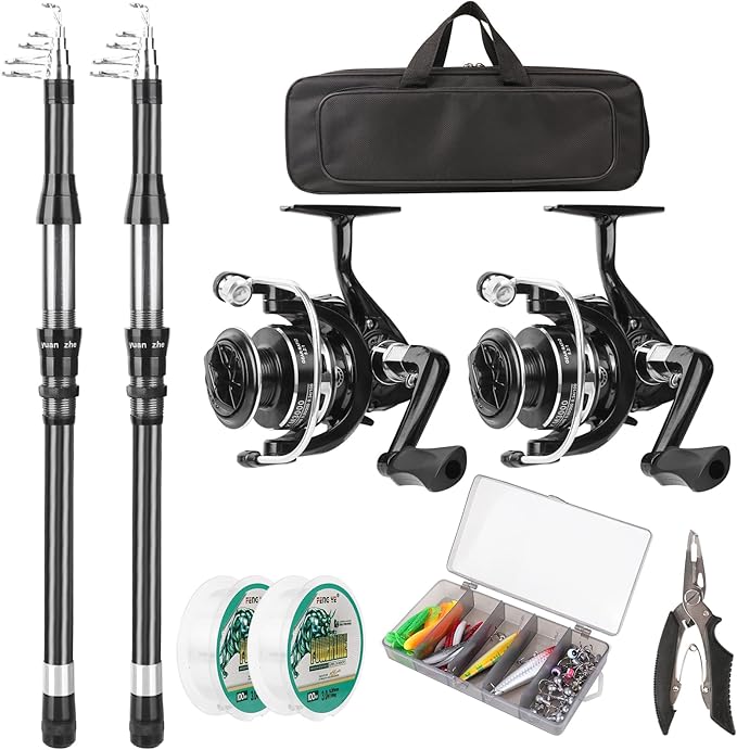 Fishing Rod Reel Combo - 2PCS 6.89ft Telescopic Fishing Poles 2PCS Spinning Reels Lures Set Fishing Pliers with Carrier Bag for Travel Saltwater Freshwater Gift Portable Fishing Pole Kit