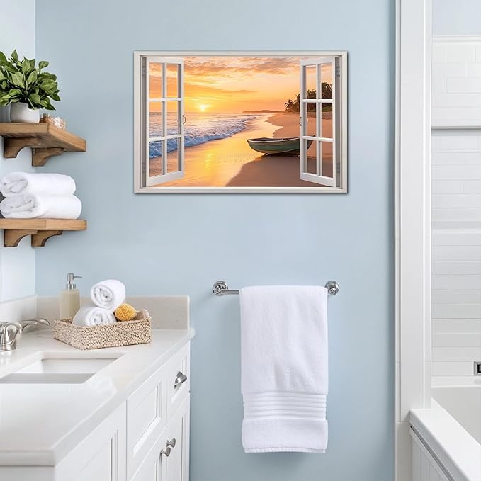 ANRUOXI Beach Wall Art, Window Frame Style Canvas Wall Decor Ocean, Sunset Sea & Tropical Palm Tree Coasts Boat Canvas, Seaside Scenery Nature Landscape Painting for Living Room Office Home 28x40 Inch